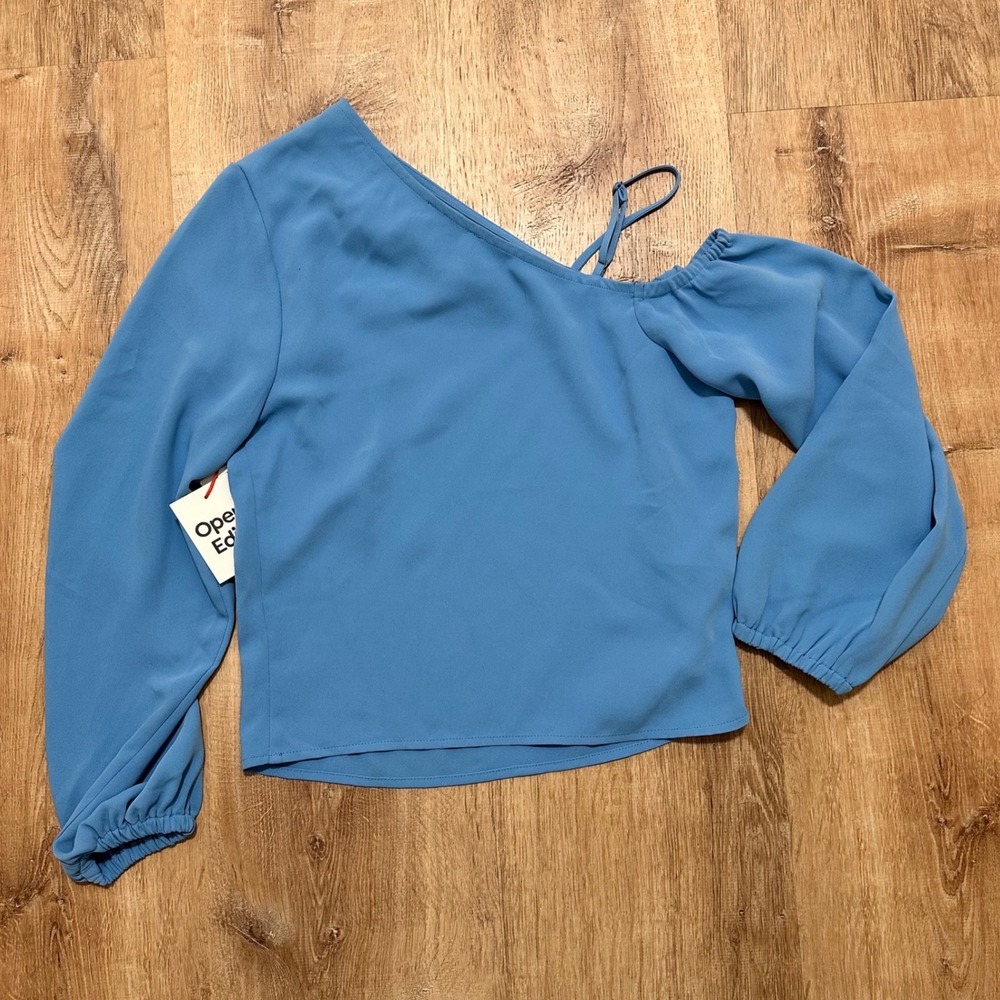 OPEN EDIT | NWT Asymmetrical One Shoulder Balloon Sleeve Top, Ice Blue Lake, XXS - Picture 4 of 11